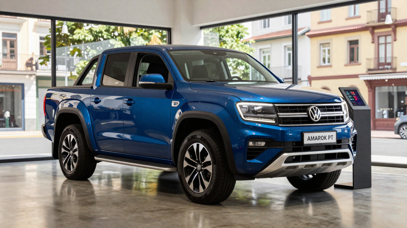 Picape Volkswagen Amarok azul exposta em showroom com janelas grandes e piso polido.