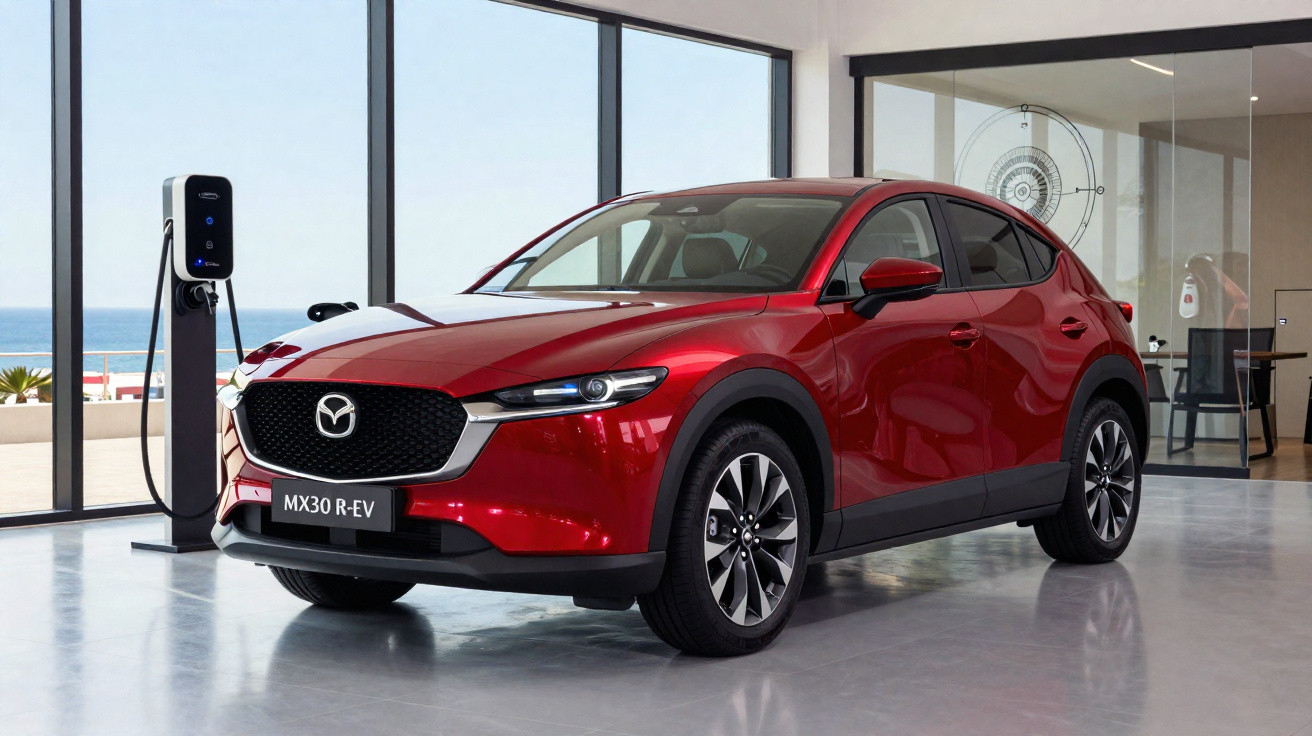 Carro elétrico vermelho Mazda MX-30 R-EV estacionado em interior moderno junto a posto de carregamento.
