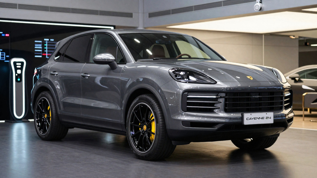 Carro SUV Porsche Cayenne 2024 cinza estacionado em showroom moderno e iluminado.