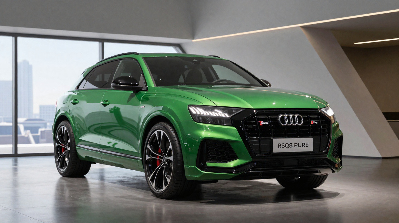 Veículo Audi RSQ8 Pure verde exposto em interior moderno com luz natural e piso cinzento.