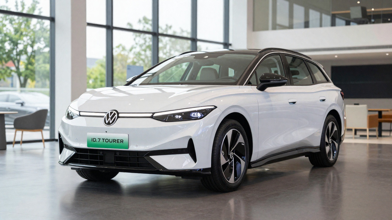 Carro elétrico Volkswagen ID.7 Tourer branco exibido numa sala com janelas grandes e cadeiras ao fundo.