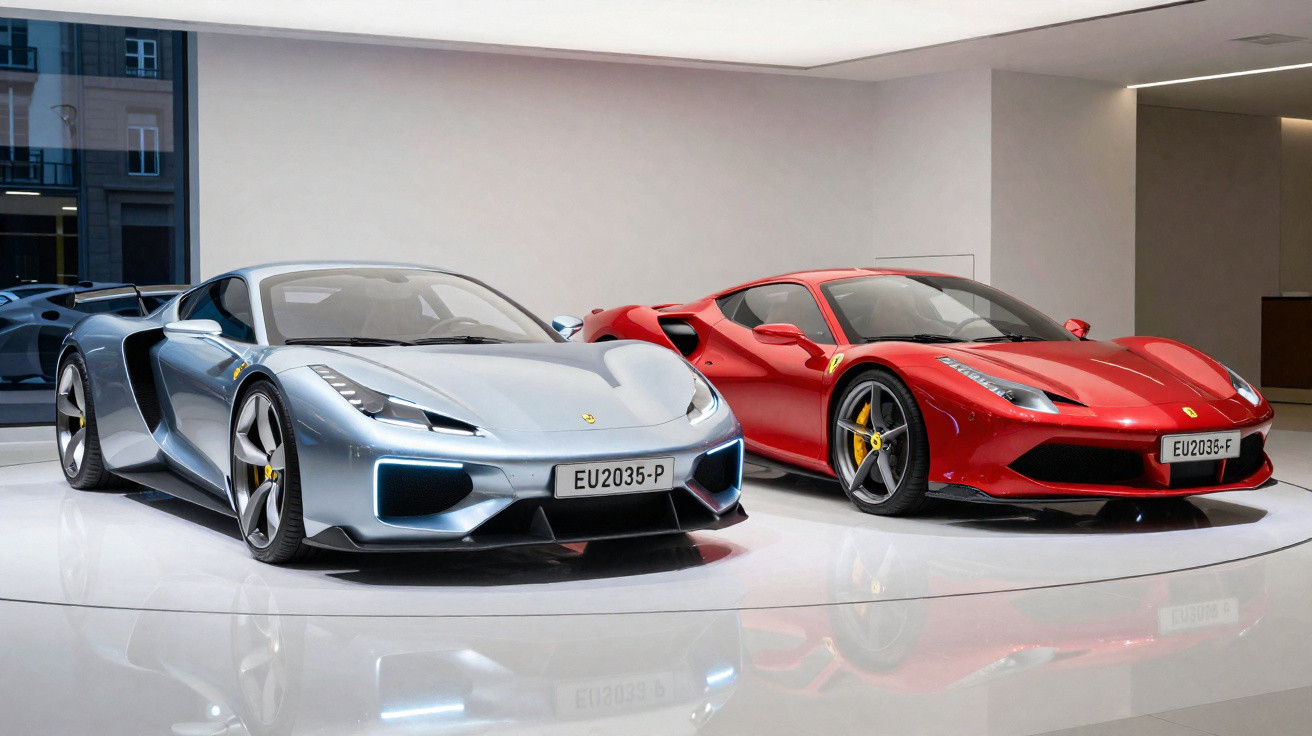 Dois carros desportivos Ferrari, um cinza e outro vermelho, expostos em espaço moderno com chão espelhado.