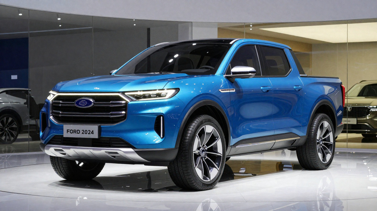 Picape Ford 2024 azul com design moderno e detalhes cromados exposta num salão automóvel.