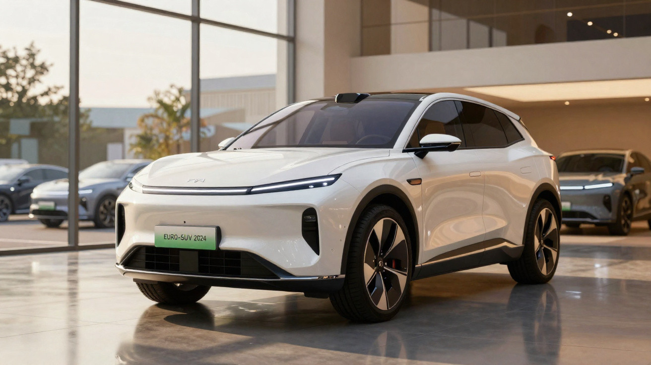 SUV elétrico branco moderno estacionado dentro de showroom com grandes janelas e outros carros ao fundo.