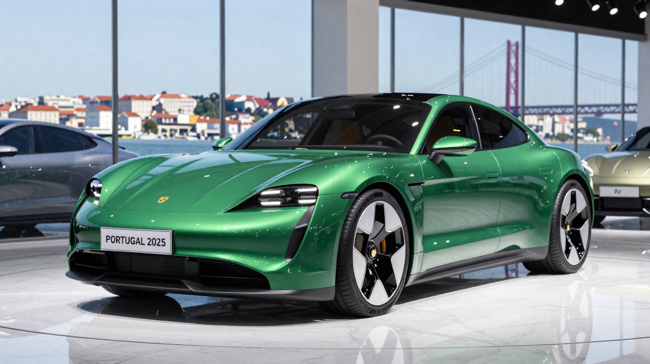 Carro desportivo elétrico verde Porsche Taycan 2025 em exposição com vista para a ponte 25 de Abril ao fundo.