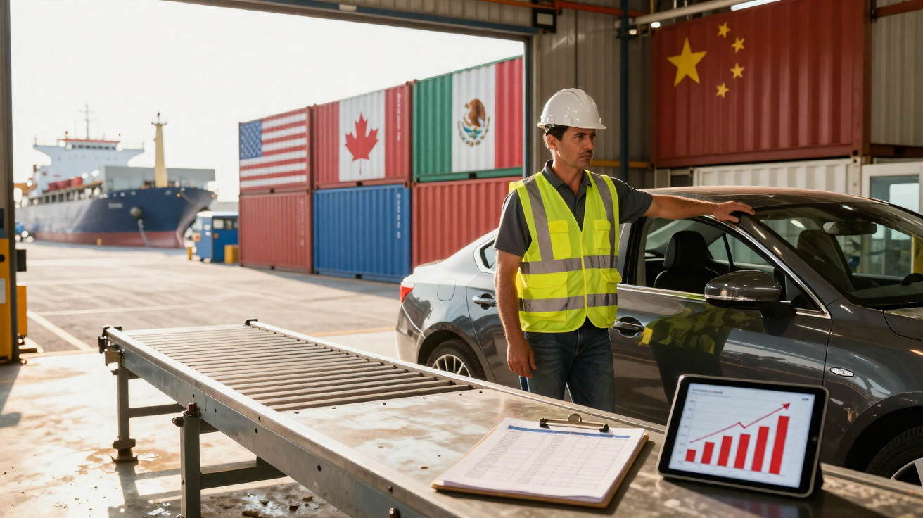 Trabalhador com colete refletor e capacete numa área de carga junto a um carro e contentores de vários países.