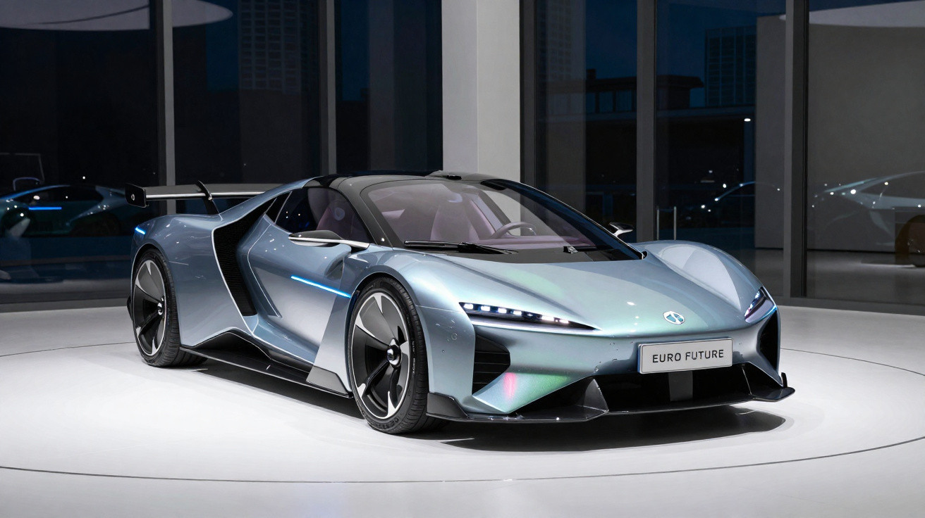 Carro desportivo futurista prateado, com design aerodinâmico, rodas grandes e faróis LED, em exposição interior.