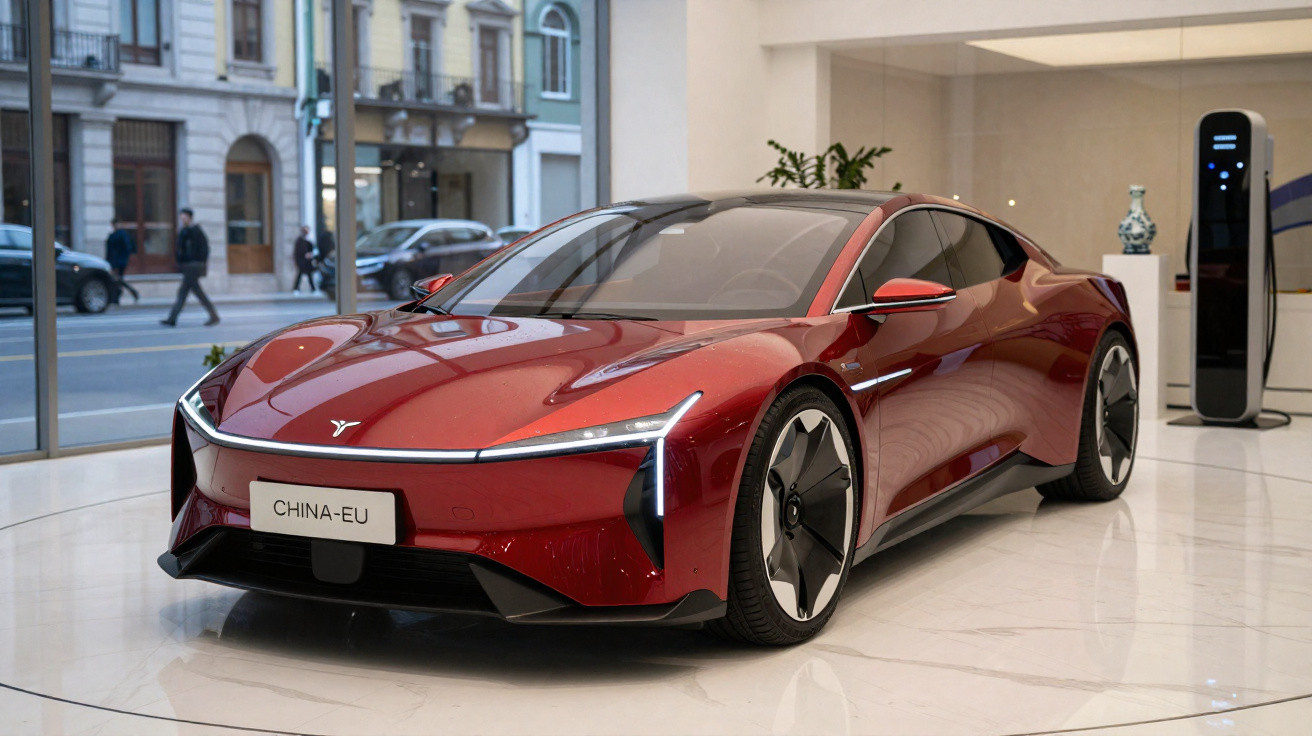 Carro elétrico vermelho de alta tecnologia em exposição dentro de um edifício moderno com vidro e carregador.