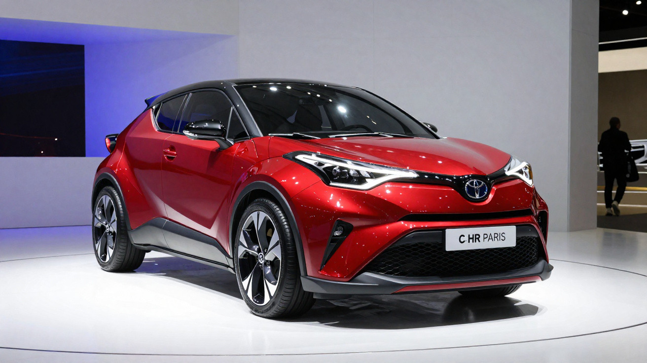 Carro Toyota C-HR Paris vermelho com teto preto exposto em salão automóvel com iluminação moderna.