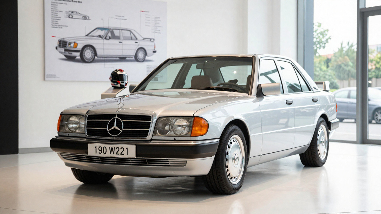 Carro Mercedes-Benz clássico de quatro portas, cor prata, exposto em museu com janela ao fundo.