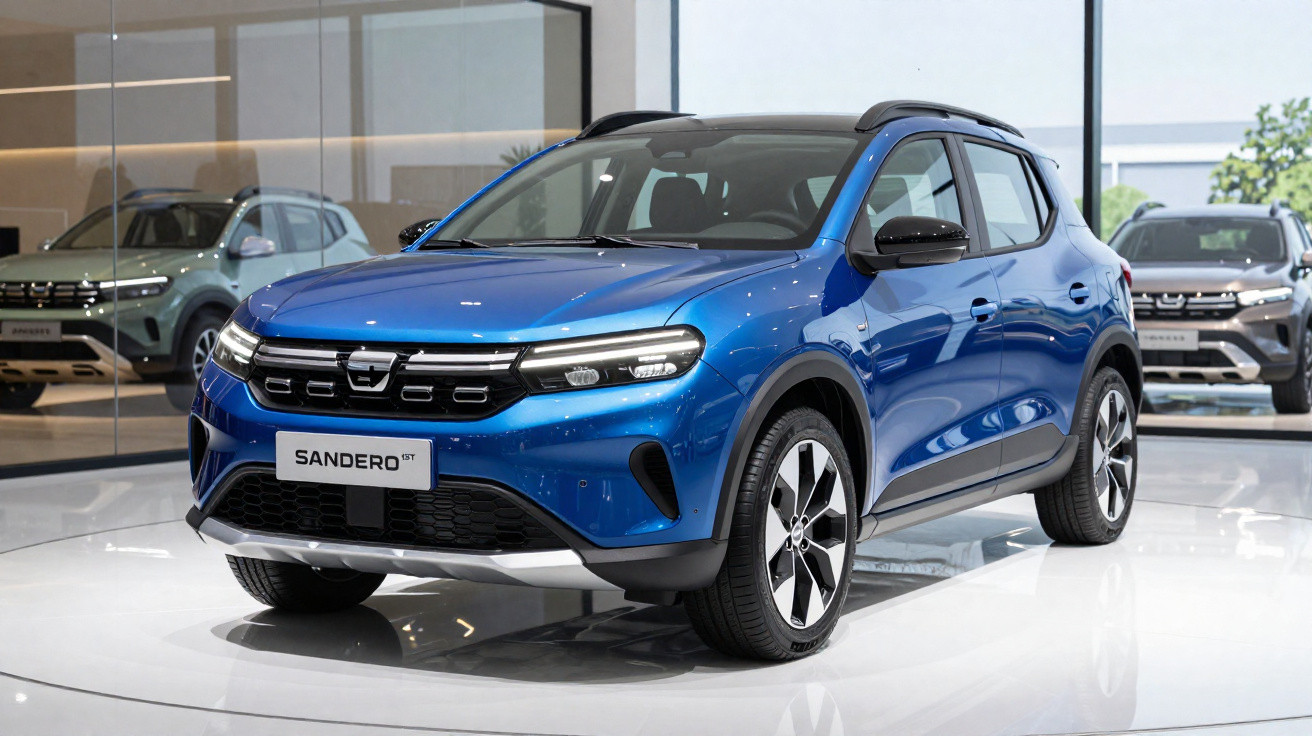 Automóvel Dacia Sandero ST azul metálico exibido numa área de showroom moderna e iluminada.