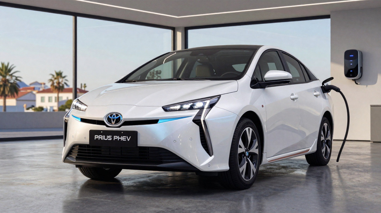 Carro elétrico branco Toyota Prius PHEV a carregar numa estação de carregamento interior moderna.