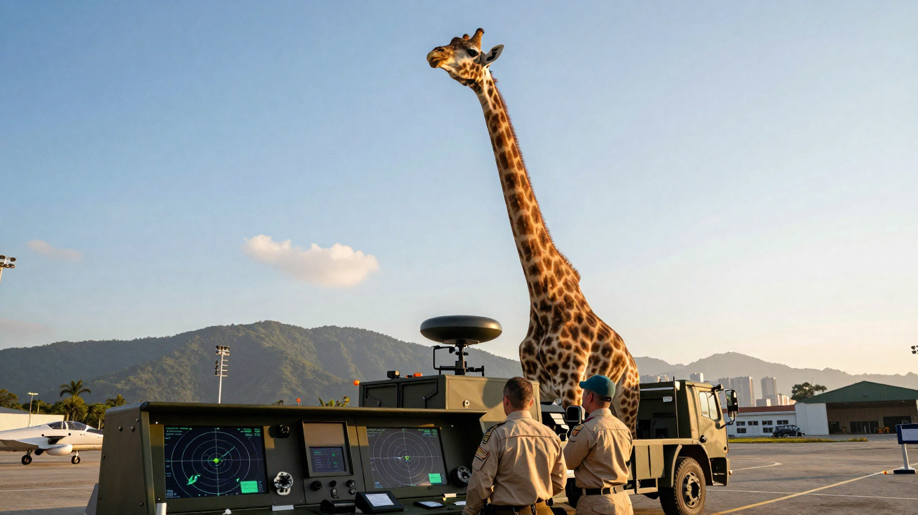 Girafa junto a militares que operam equipamentos de radar numa base aérea com montanhas ao fundo.