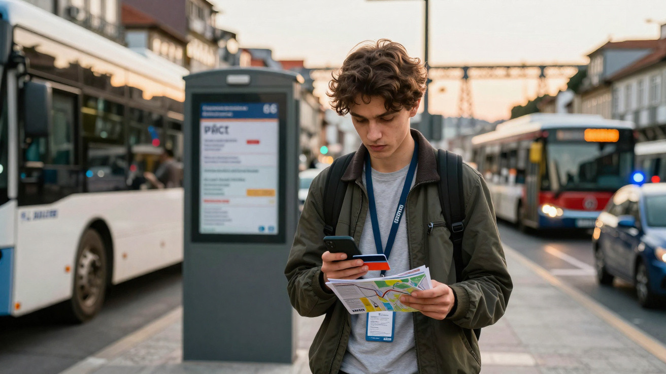 Jovem numa paragem de autocarro a consultar um mapa e o telemóvel numa rua movimentada.
