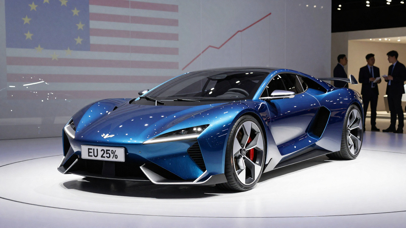 Carro desportivo azul elétrico exibido num salão automóvel com duas bandeiras projetadas ao fundo.