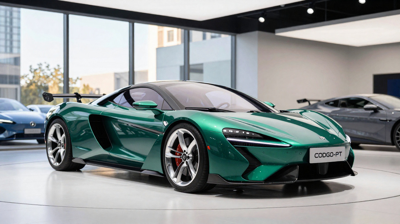 Carro desportivo verde metálico estacionado em showroom moderno com grandes janelas.