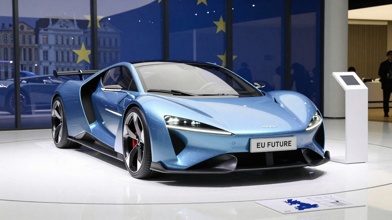 Carro desportivo azul metálico futurista em exposição, com placa "EU FUTURE" num stand moderno.