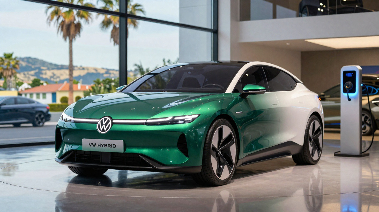 Carro elétrico verde VW híbrido estacionado junto a posto de carregamento numa sala moderna.