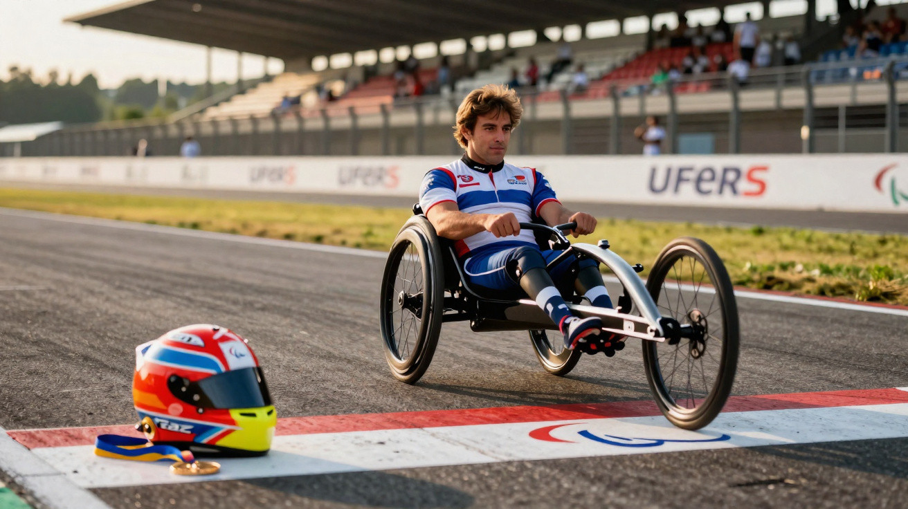 Atleta paralímpico em cadeira de rodas de corrida numa pista, com capacete colorido e medalhas no chão.