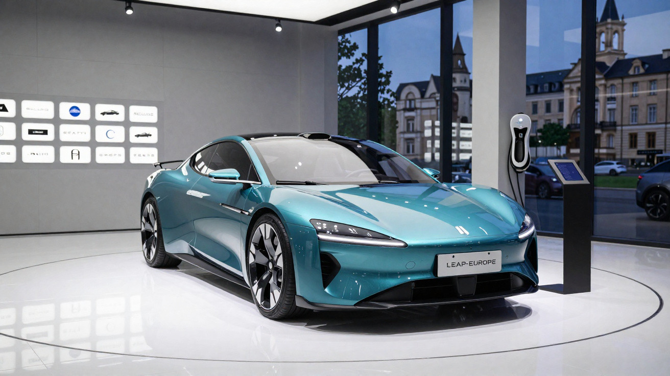 Carro elétrico azul metálico exposto numa sala moderna com estação de carregamento e janelas grandes.