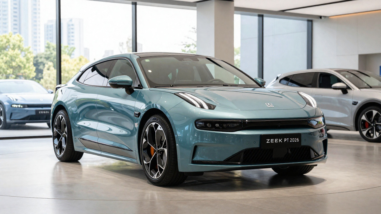 Carro desportivo elétrico azul claro em exposição num showroom moderno com janelas amplas.