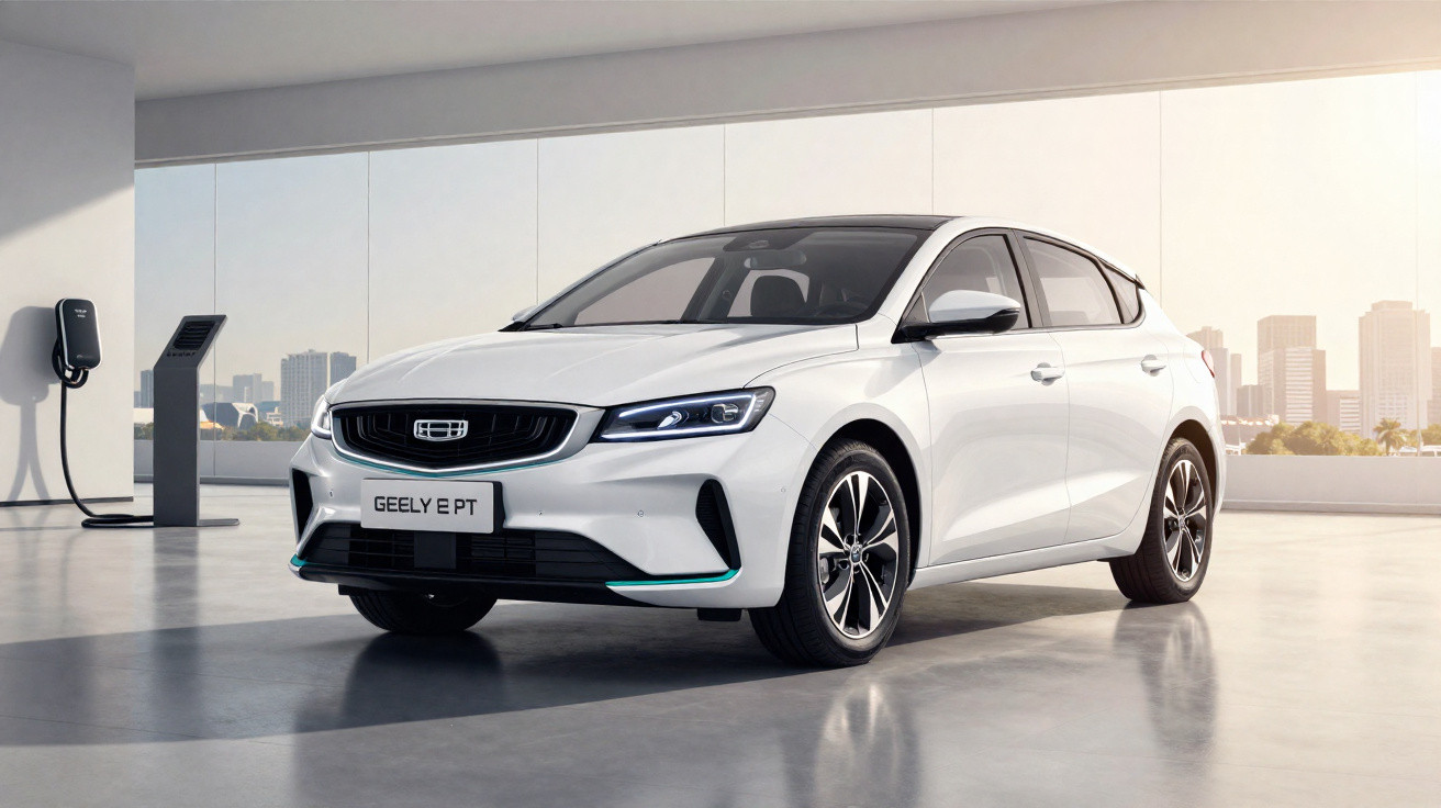 Carro elétrico branco Geely E PT estacionado em garagem moderna com estação de carregamento.