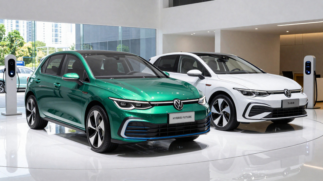 Dois carros Volkswagen elétricos em exposição, verde e branco, com postos de carregamento elétrico ao lado.