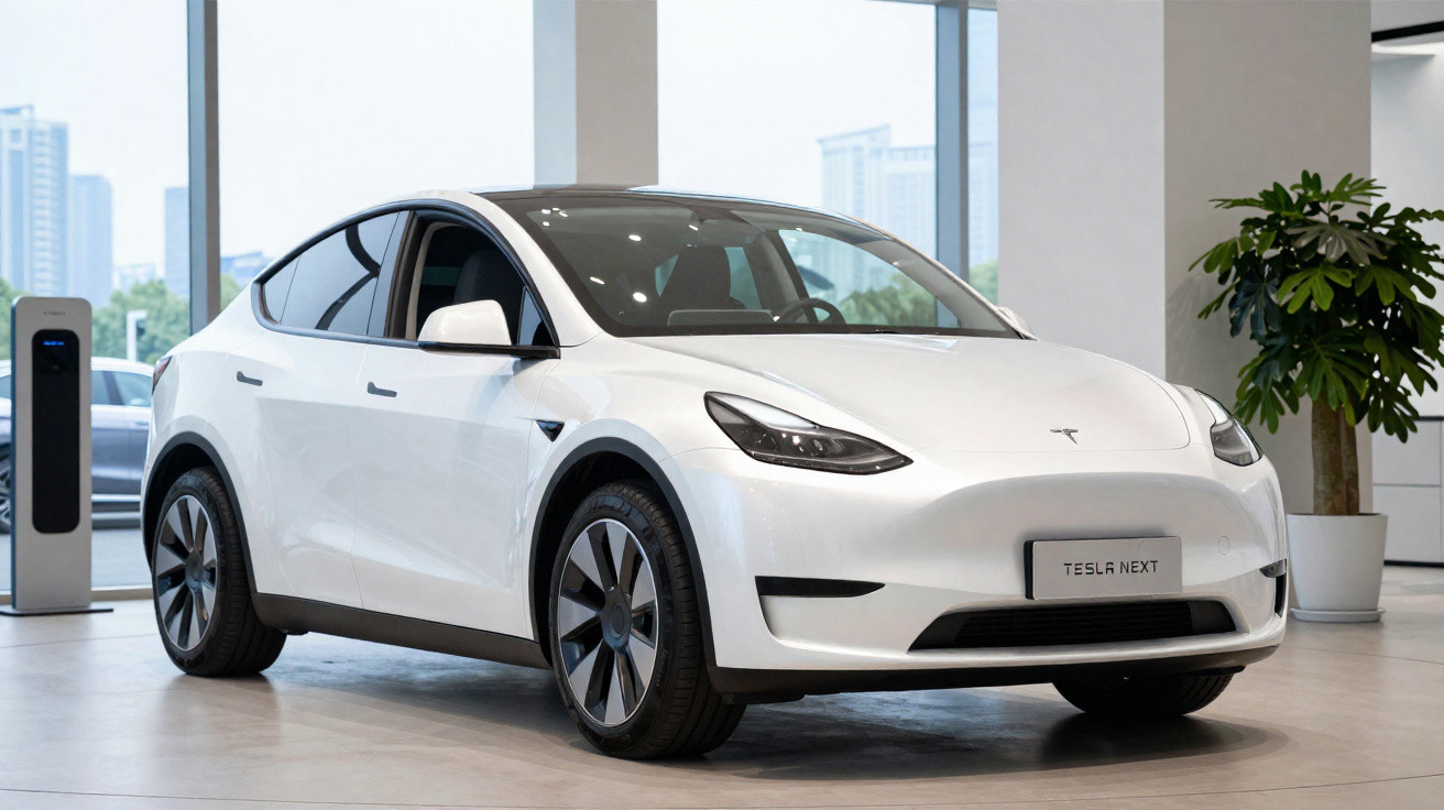 Carro elétrico branco Tesla Model Y estacionado em showroom moderno com janelas grandes e planta ao fundo.