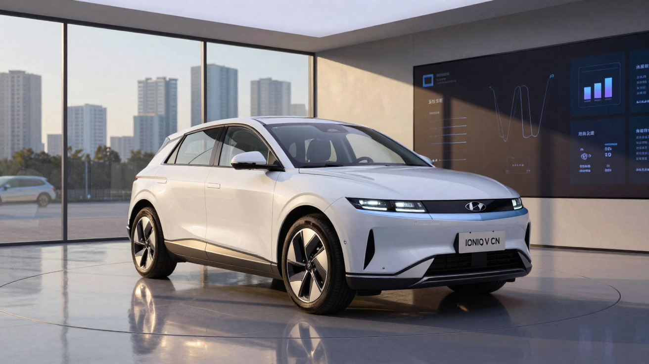 Carro elétrico branco Hyundai Ioniq 5 apresentado em salão moderno com janelas amplas e edifícios ao fundo.