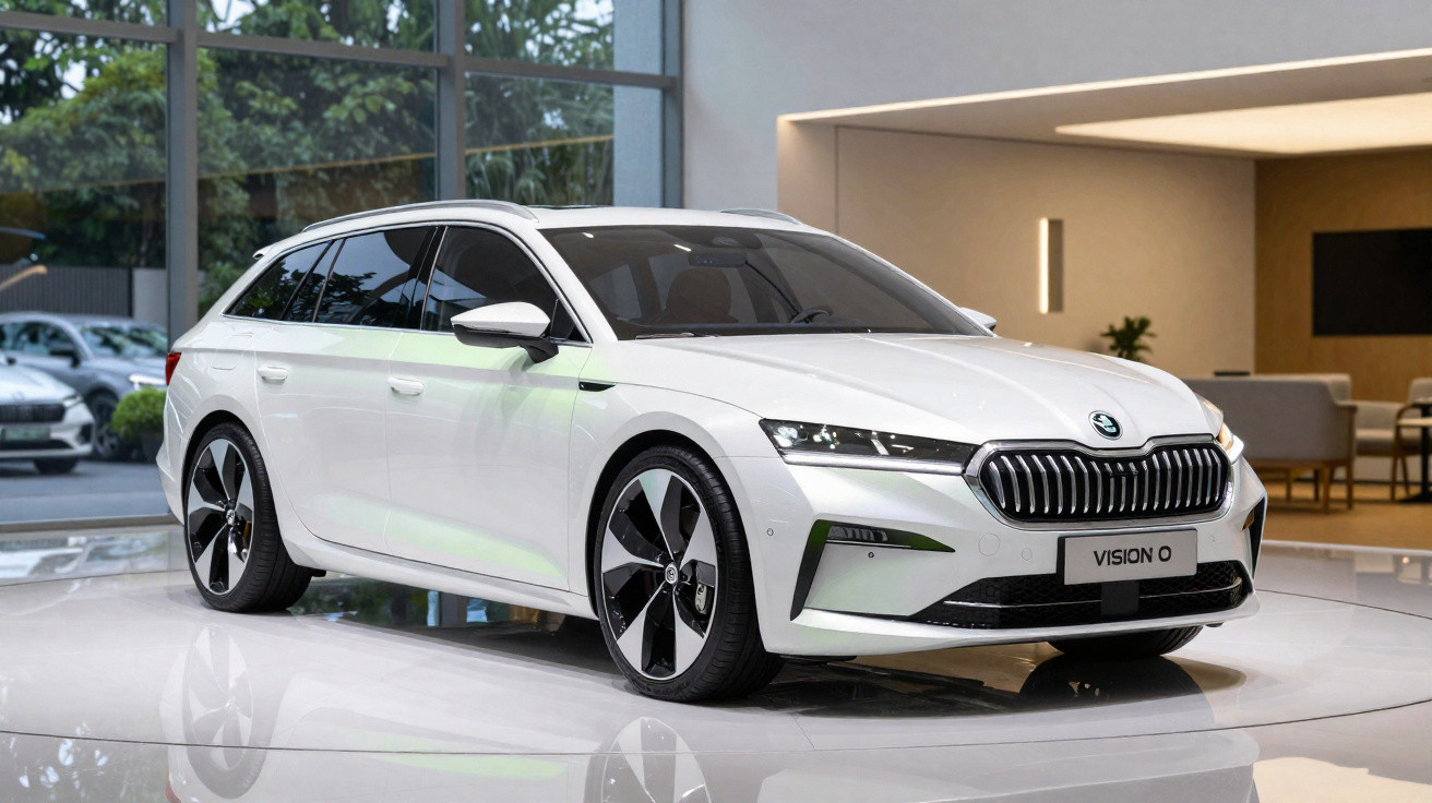 Carro elétrico branco Škoda Vision 0 em exposição num ambiente moderno e iluminado.