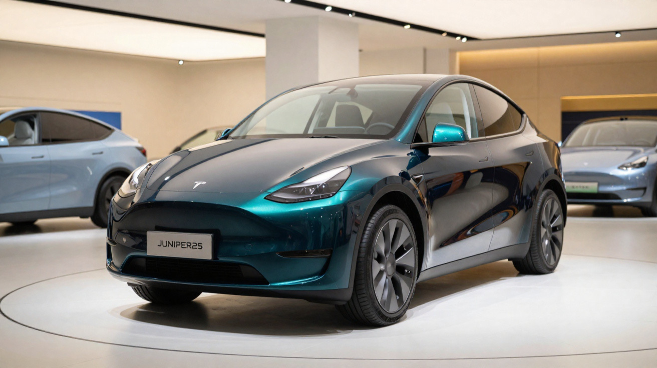 Carro elétrico Tesla Model Y verde metálico exposto em sala de showroom moderno.