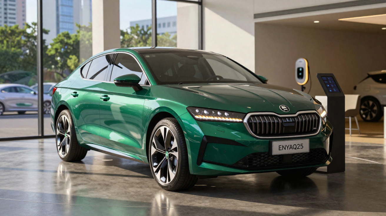 Carro elétrico verde Škoda Enyaq iV exposto em salão moderno com luz natural e estação de carregamento.