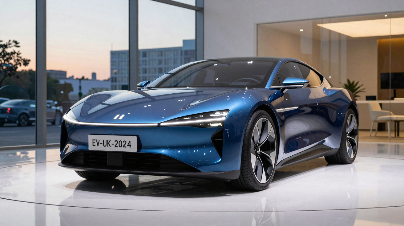 Carro desportivo elétrico azul metálico numa exposição com grandes janelas e iluminação interior.