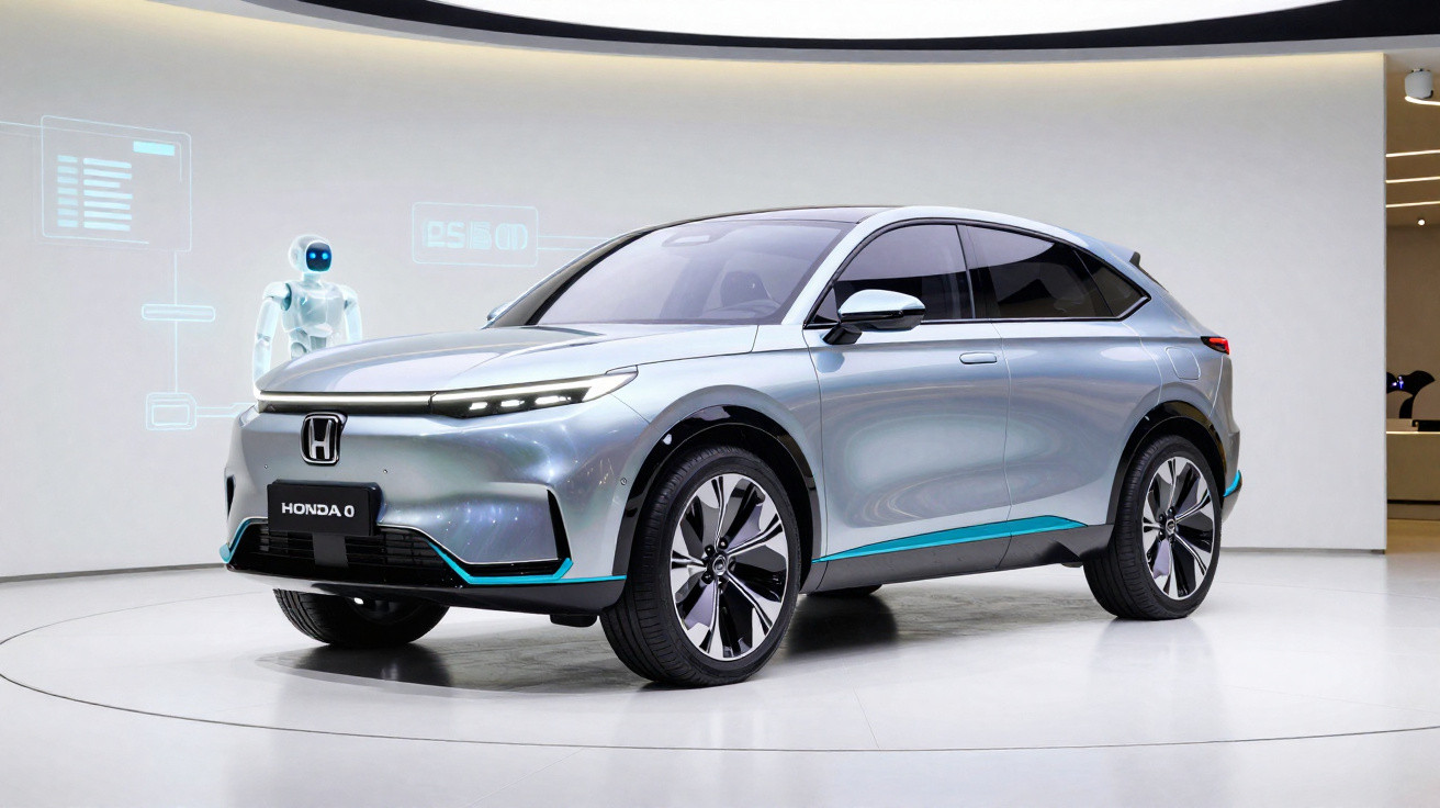 Carro elétrico Honda moderno em exposição, com design futurista e robot digital ao fundo.