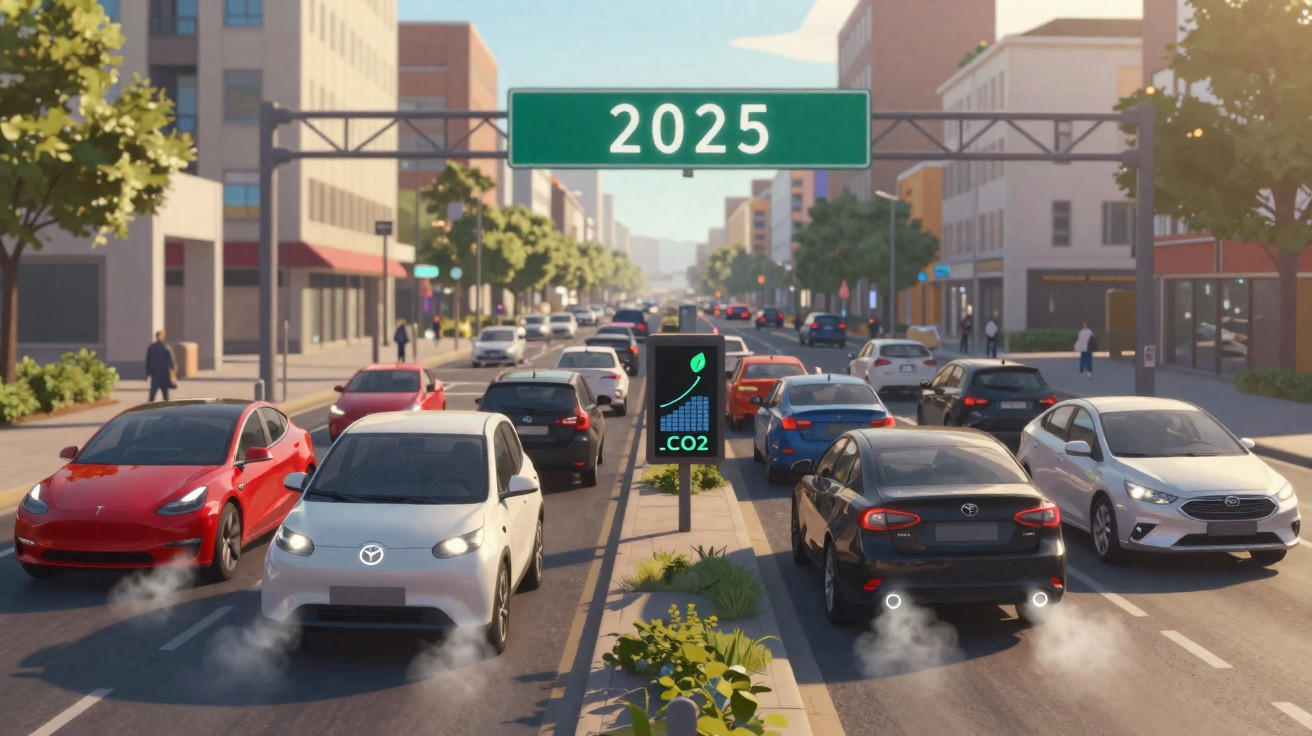 Trânsito intenso de carros a gasóleo e gasolina numa avenida urbana em 2025 com aumento da emissão de CO2.
