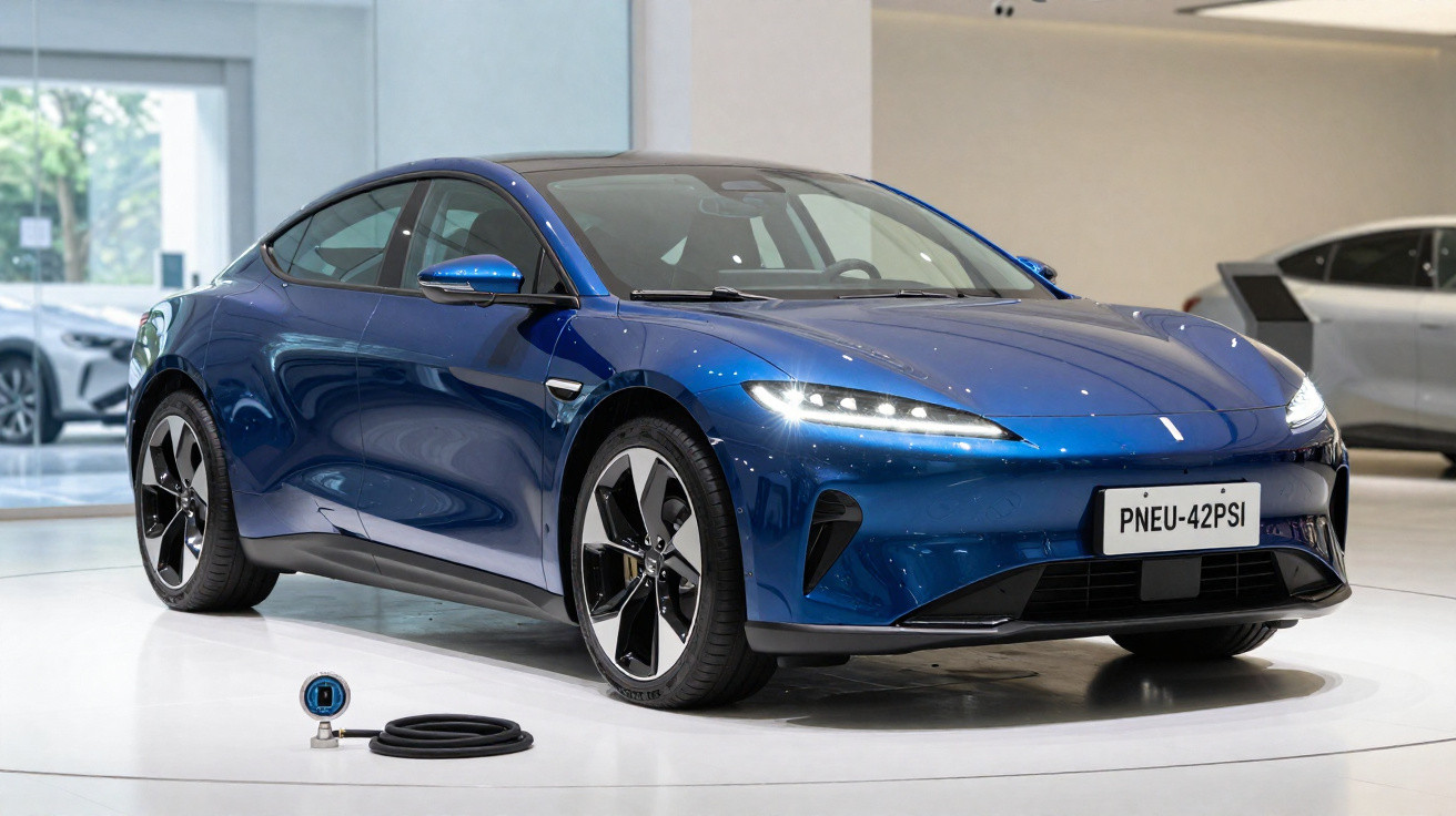 Carro elétrico azul com carregador à frente num showroom moderno e espaçoso.