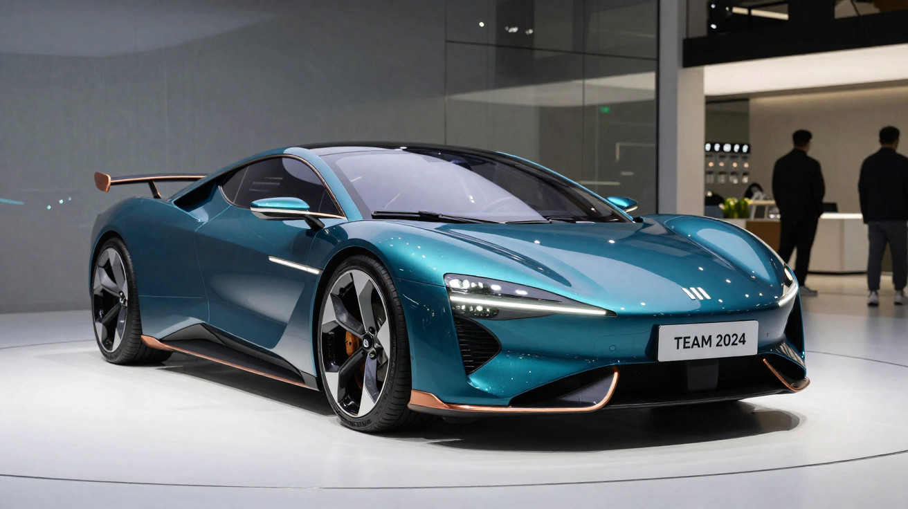 Carro desportivo elétrico azul metálico exibido em exposição com faróis LED modernos e rodas aerodinâmicas.