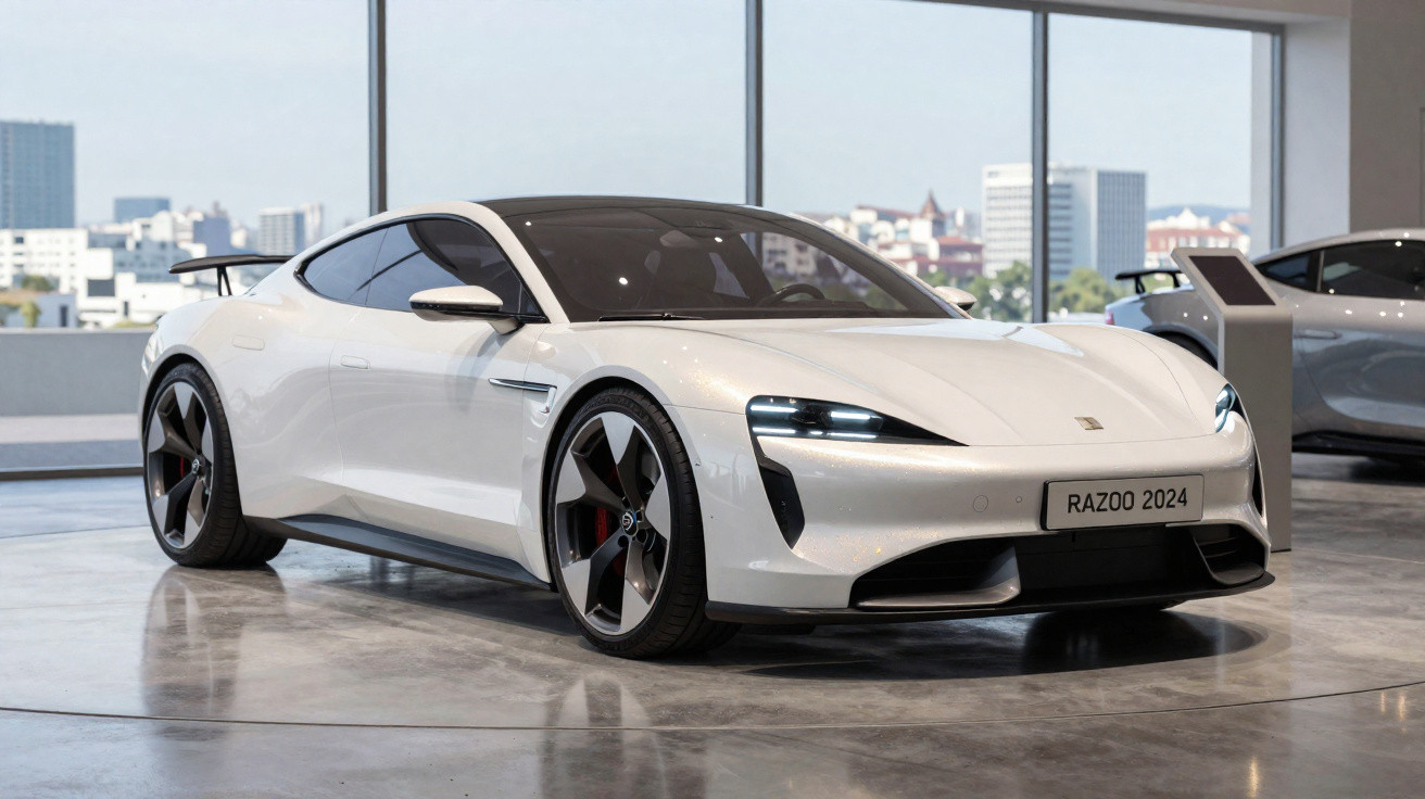 Automóvel desportivo elétrico branco 2024 estacionado em showroom com janelas grandes e vista urbana.