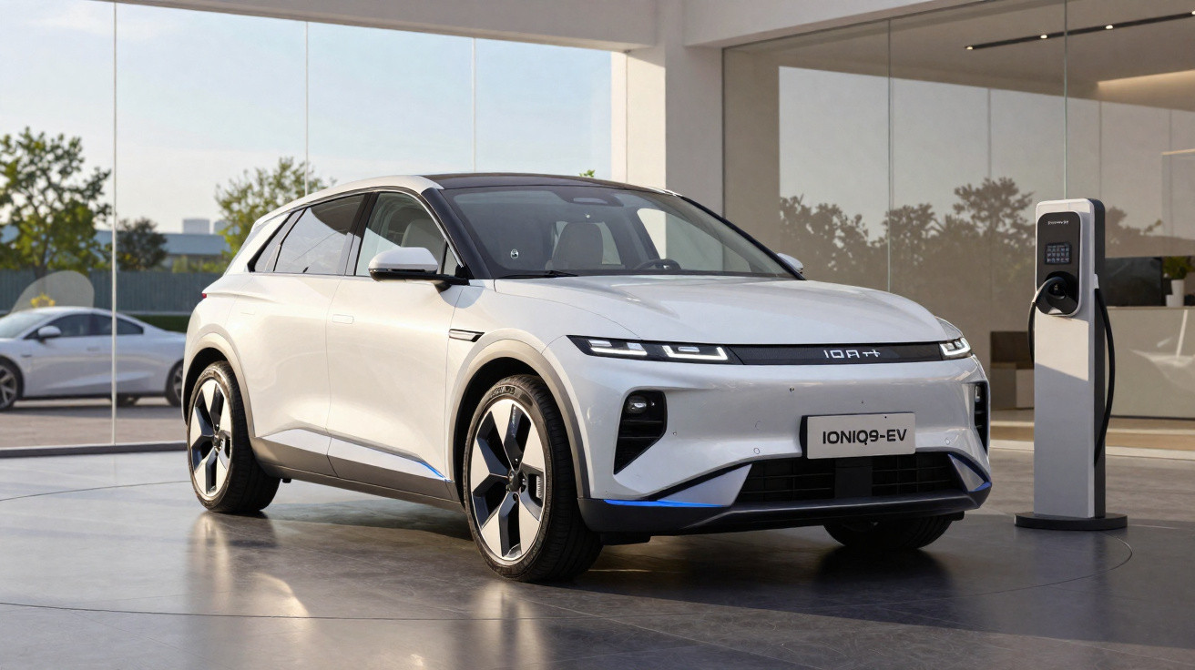 Carro elétrico branco IONIQ 5 estacionado em ambiente interior moderno junto a posto de carregamento elétrico.