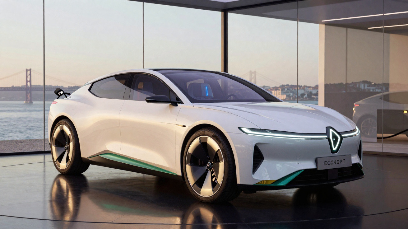 Carro elétrico branco e moderno exposto em showroom com vista para a ponte e rio ao fundo.
