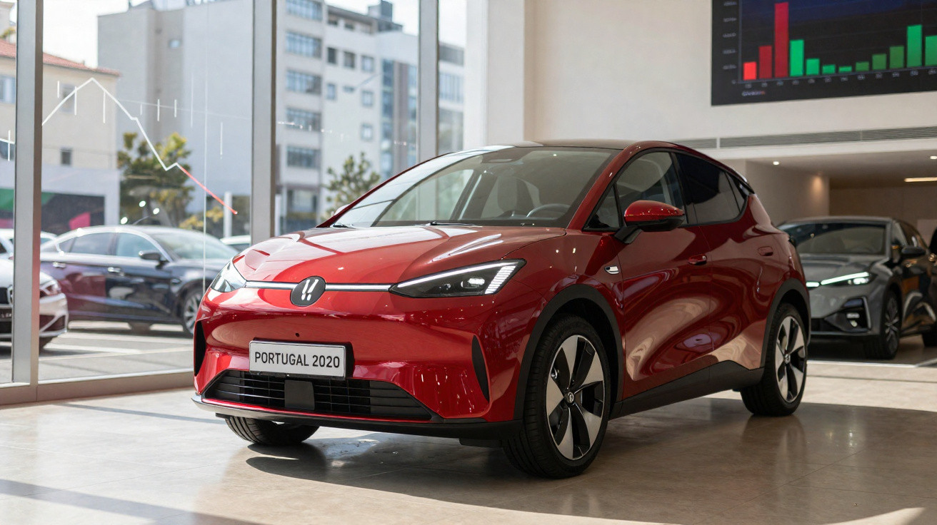 Carro elétrico compacto vermelho em exposição numa concessionária moderna com janelas amplas e gráfico na parede.