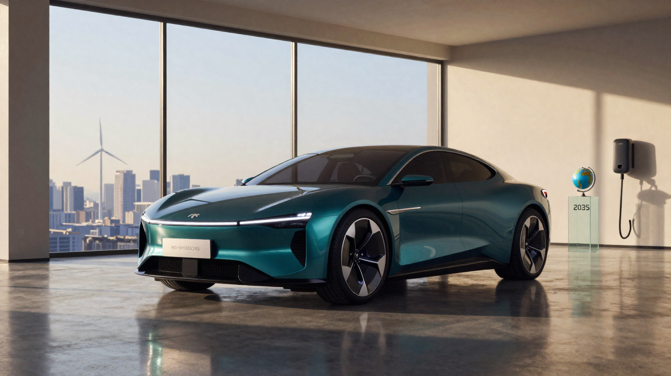 Carro elétrico elegante estacionado em espaço moderno com janela grande e vista urbana ao fundo.