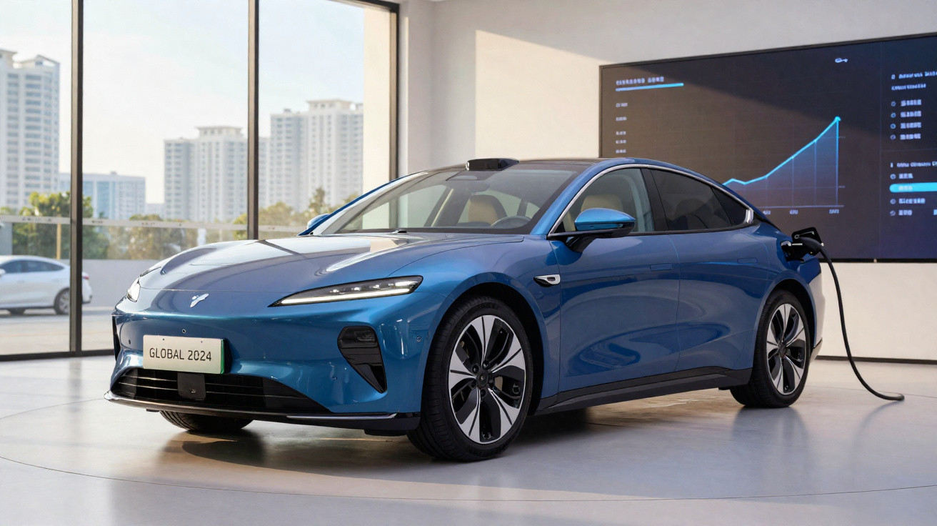 Carro elétrico azul a ser recarregado em exposição com gráficos e edifícios ao fundo.