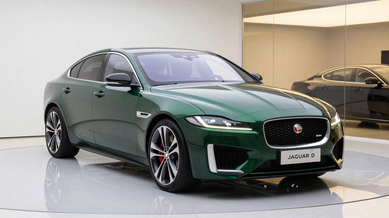 Carro Jaguar D verde metálico estacionado em estúdio moderno com piso branco e espelho.