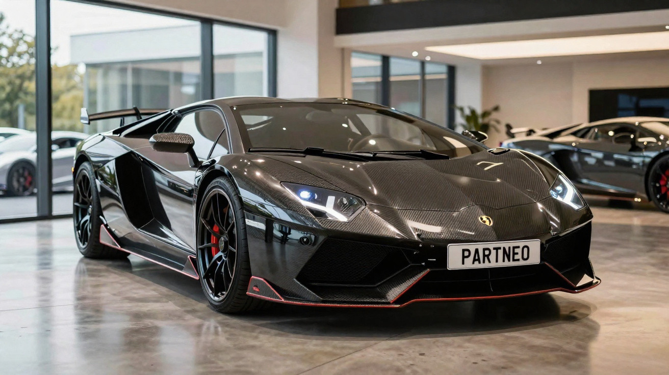 Carro desportivo preto com pormenores em fibra de carbono numa garagem moderna iluminada.