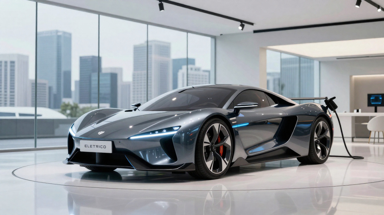 Carro elétrico desportivo cinzento em exposição numa sala moderna com janelas grandes e vista urbana.
