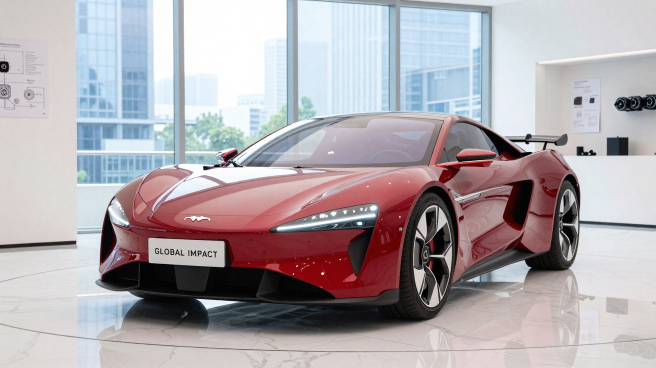 Carro desportivo vermelho brilhante em exposição numa sala moderna com grandes janelas e chão branco.