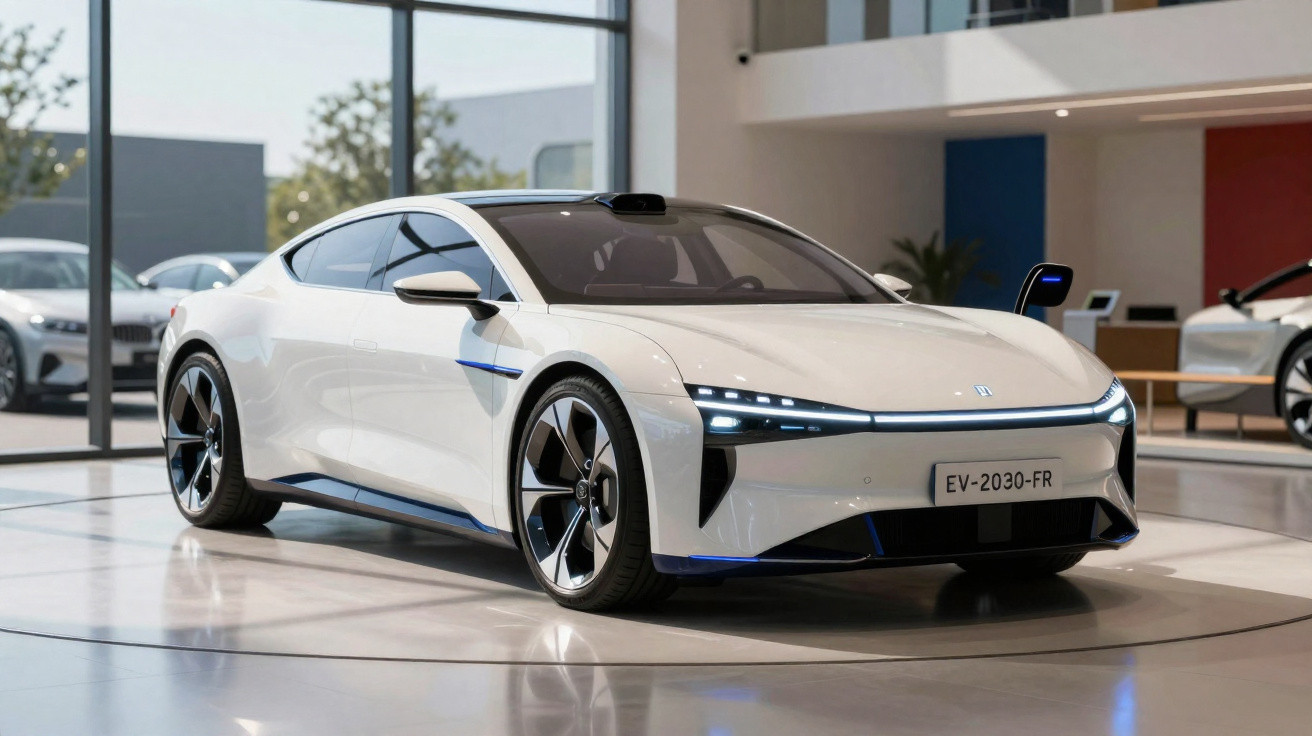 Carro desportivo elétrico branco com design futurista exposto em showroom moderno e luminoso.