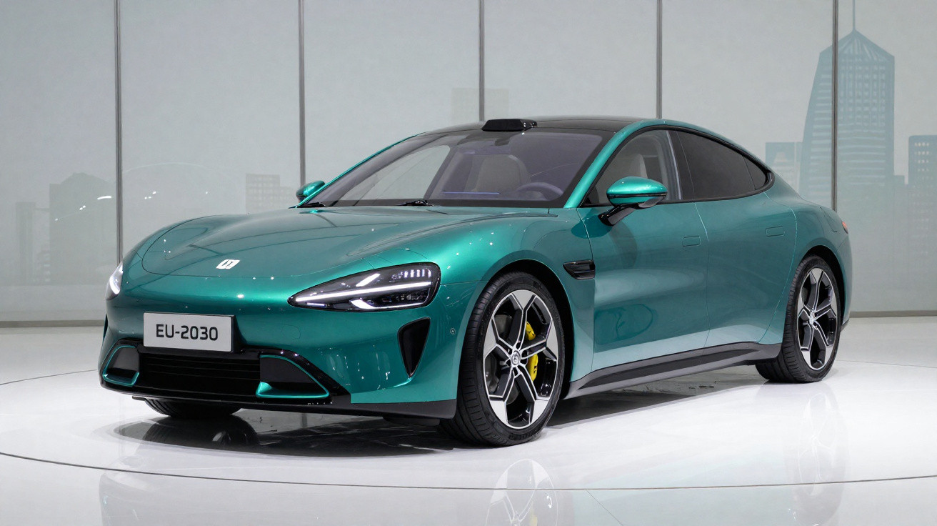 Carro elétrico desportivo verde esmeralda com portas sem puxadores exibido numa exposição moderna.