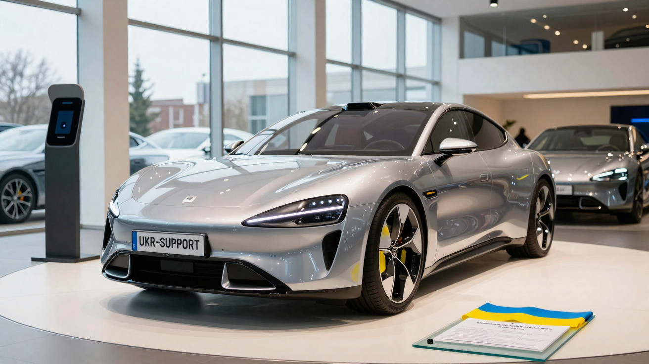 Automóvel desportivo elétrico prateado exposto em showroom com placa UKR-SUPPORT e documentos com cores da bandeira da Ucrâni